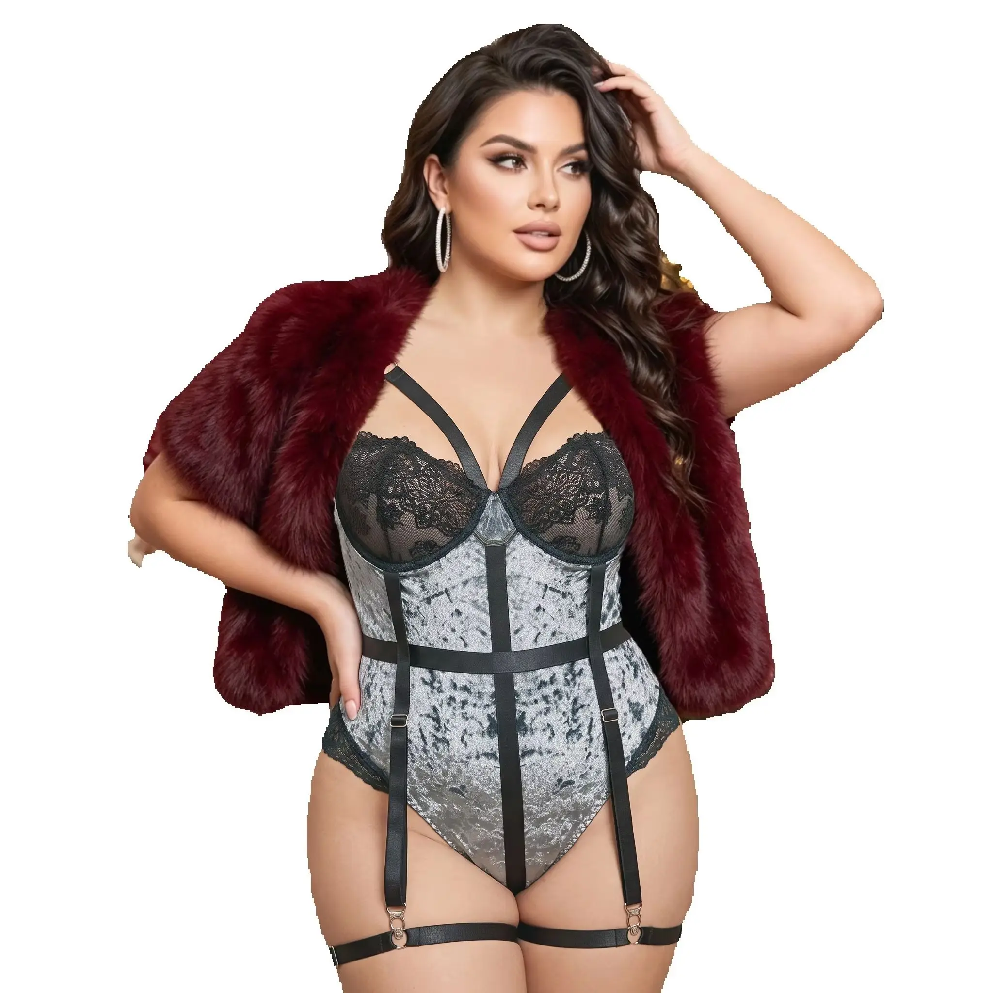 Women Crushed Velvet Lace Teddy Bodysuit, Adjustable Harness Straps Back Cutout with Garter Straps Sexy Lingerie for Christmas