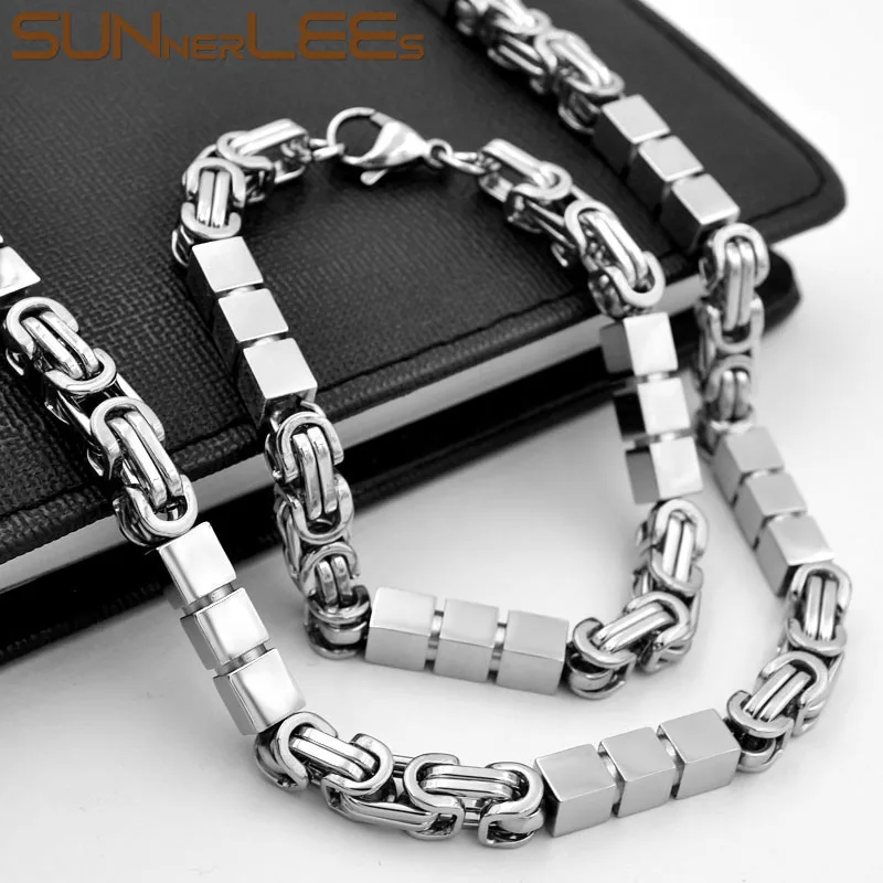 SUNNERLEES 316L Stainless Steel Necklace Bracelet Set 7mm Geometric Byzantine Link Chain Silver Color Gold Plated Unisex SC187 S