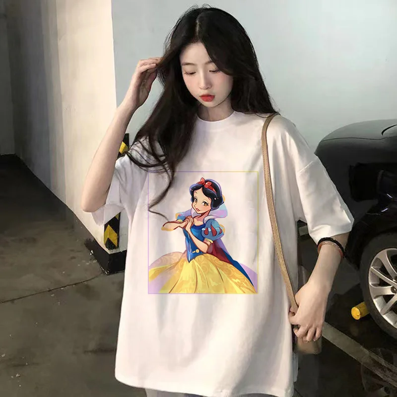 

Snow White Women T-shirts New Cotton Casual Clothes Tee Shirts Kawaii Disney Princess Cartoons Short Sleeve Fashion Streetwear