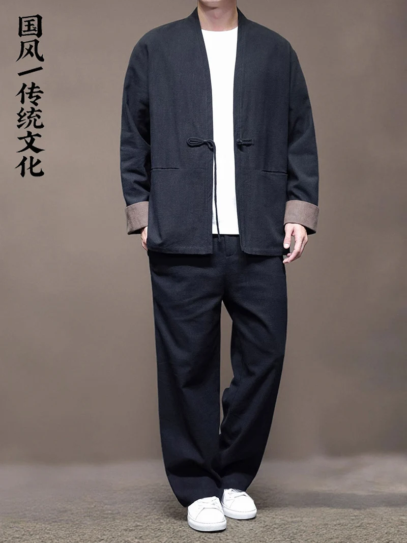 Chinese Style Linen Ramie Cardigan Jacket Men One Button Hanfu Robe Coat Zen Meditation Taoist Cloak Traditional Outwear Set