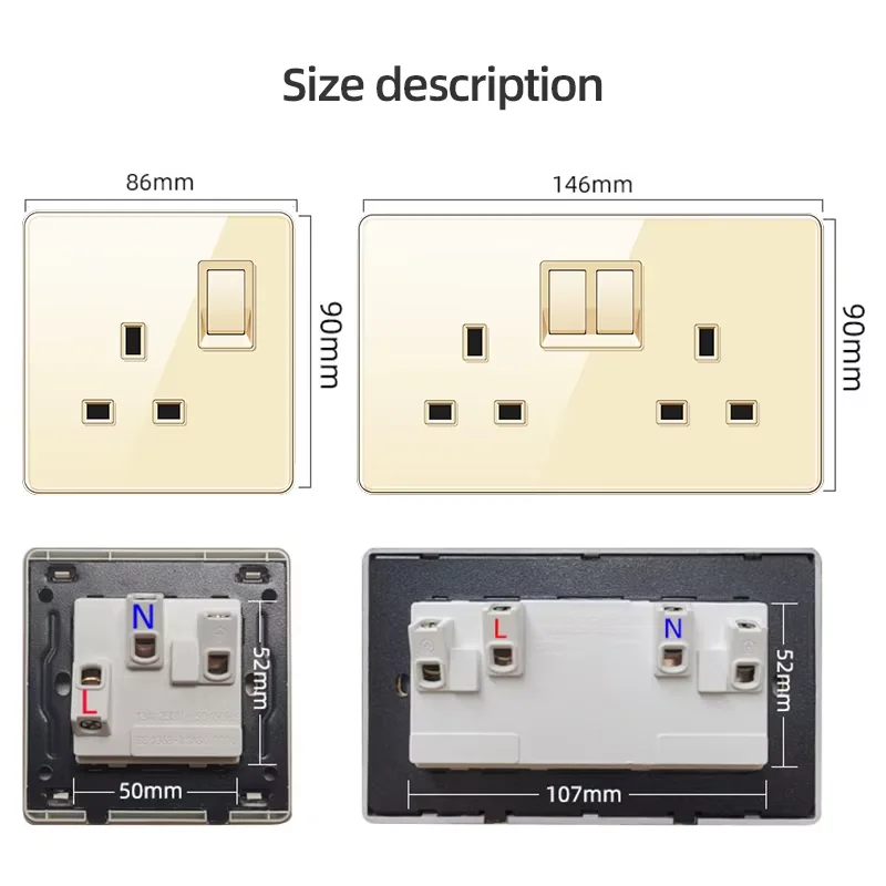 PSSRISE All Tempered Glass Wall Lamp Switch Button Gold UK Plug 13A Universal Wall Socket with Usb ,220V2gang2way Dimmer Switch - view 2