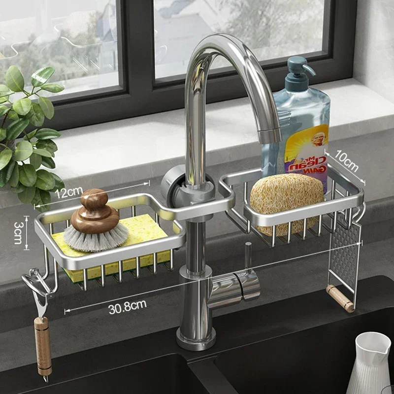 Aluminum Sink Drain Rack Sponge Storage Faucet Holder Soap Drainer Shelf Basket Organizer Kitchen Sundries Punch-free Hooks Rack