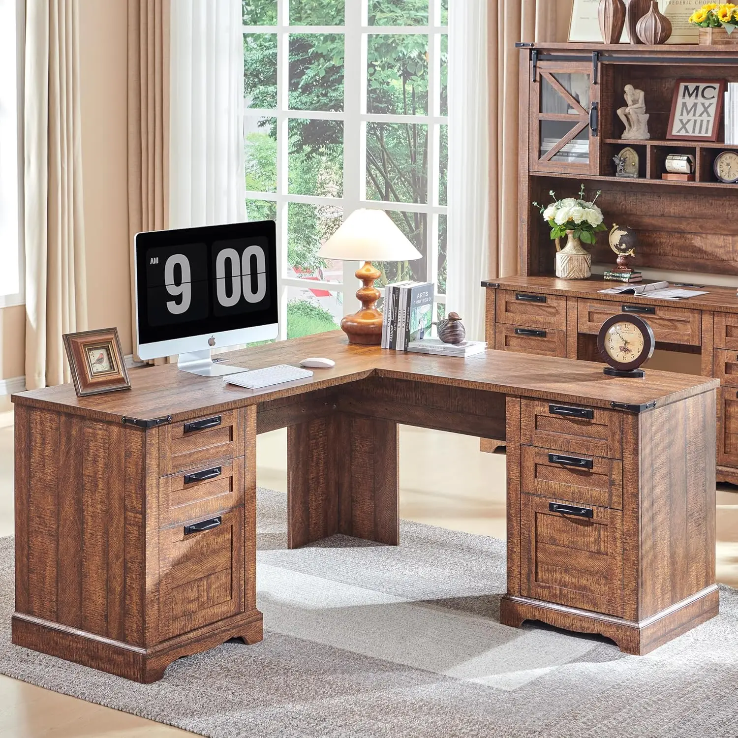 

Farmhouse L Shaped Executive Desk with Drawers, Wood Home Office Corner Desk with Charging Station, File Drawer, Storage Cabinet