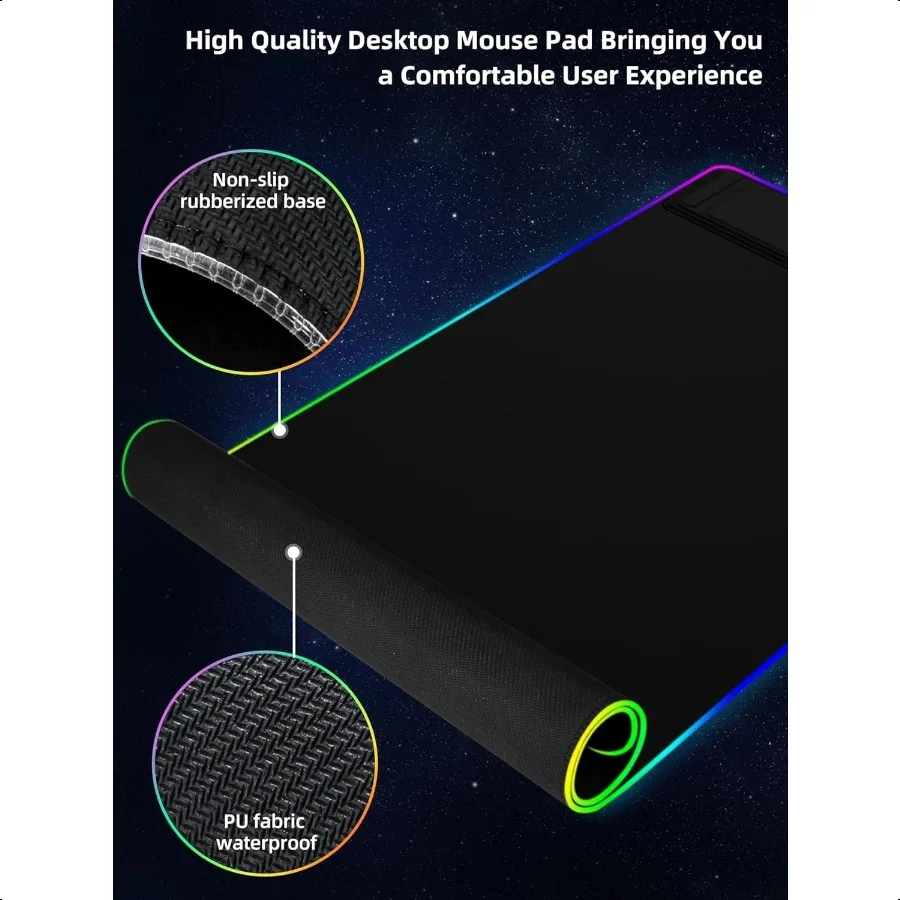لوحة ماوس XXL مع حامل هاتف، حصيرة مكتب RGB سوداء مع شحن سريع 15 وات، لوحة ماوس ألعاب LED مع 11 لونًا فاتحًا مقاومة للماء N
