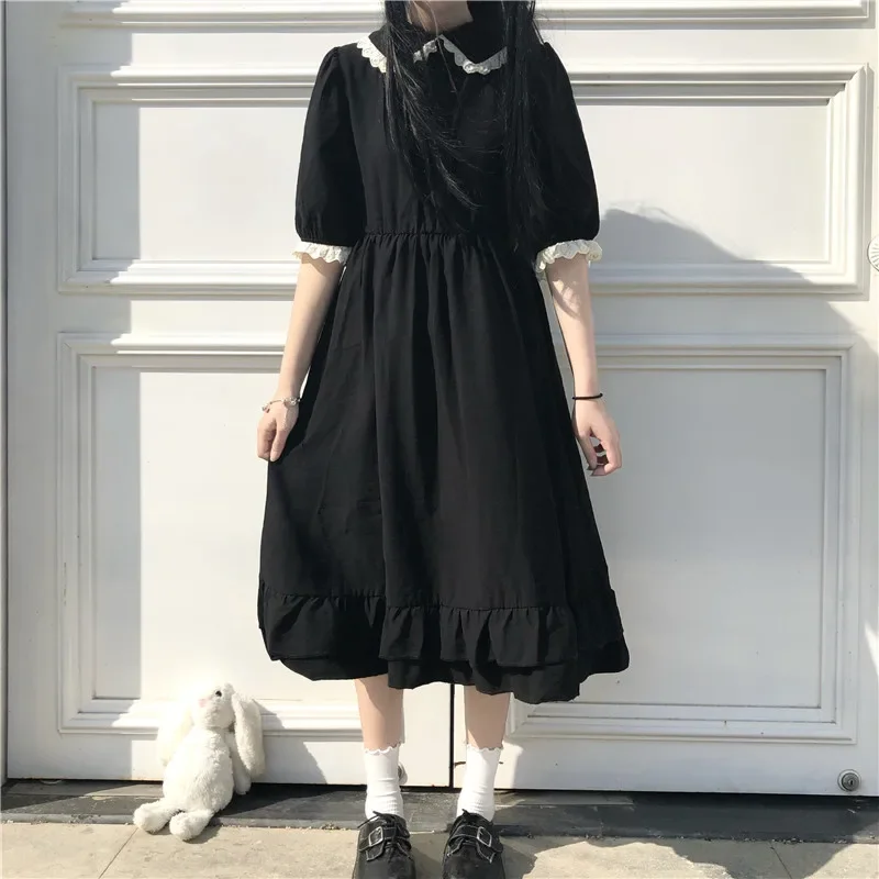 Japanese College Style Summer Dress Sweet Peter Pan Collar Kawaii Lace Ruffles Dress Short Sleeve Mori Girl Black Woman Dress