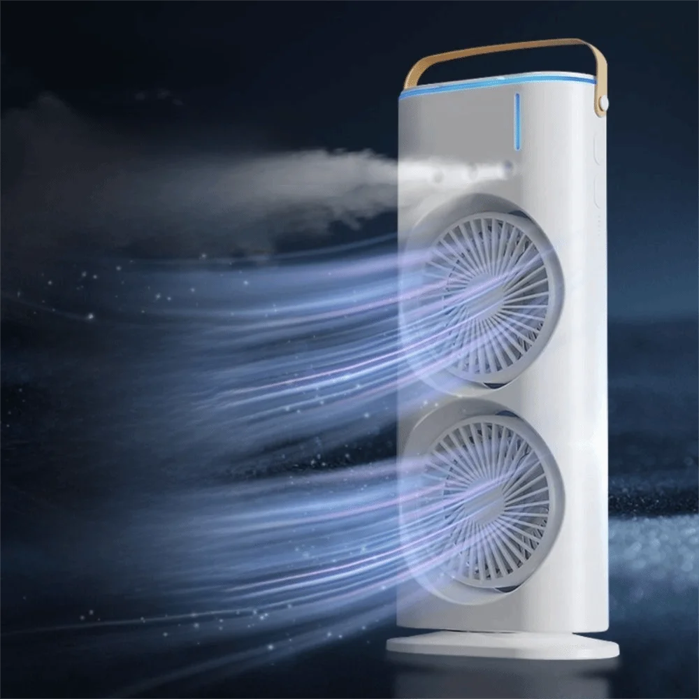 Ambientebeleuchtung 3-in-1-Klimaanlage, tragbarer Luftkühler mit zwei Köpfen, Tischventilator, geräuscharm, LED-Nachtlicht, für den Innenbereich – Detail 4