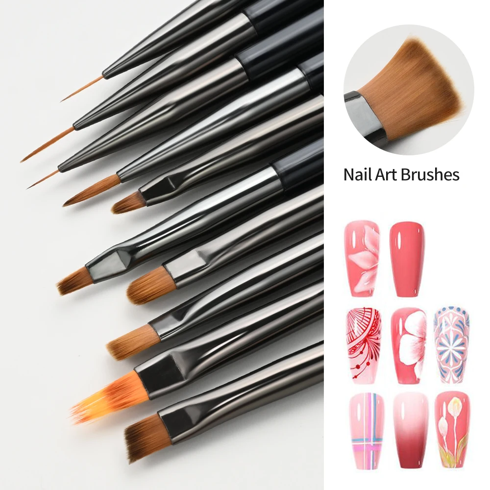10 pz Pro Nail Art Brush Set Disegno Penna Francese/Linea a strisce/Ombre/Fiore Vernice Estensione delle unghie Gel Pennello per unghie Kit di strumenti per manicure