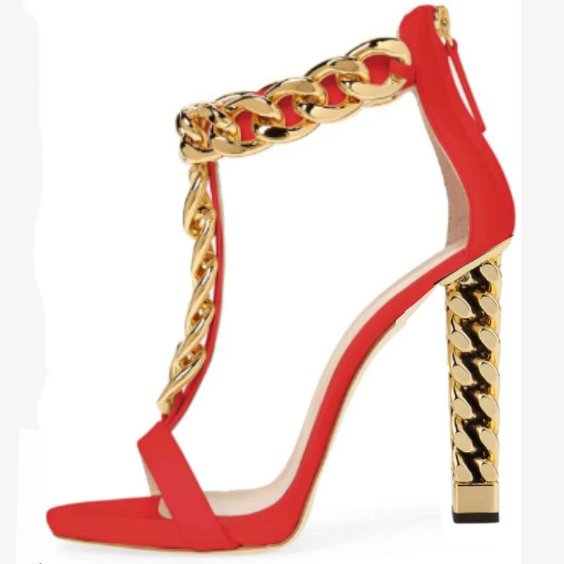 DIZHUANG Fashionable women's high-heeled sandals. Red (black) suede. Golden chain. About 11cm heel height. Summer women's shoes.