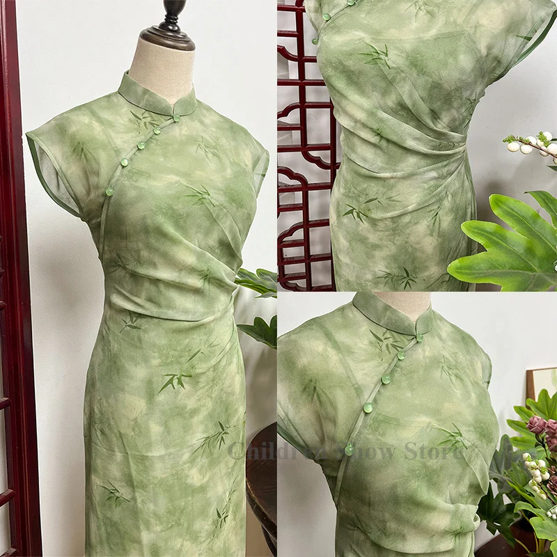 New Chinese Style Dress Set Bamboo Leaf Print Qipao Lady Elegant Cheongsam Summer New Vestidos 2Pcs Dress Suit Bigsize 3Xl