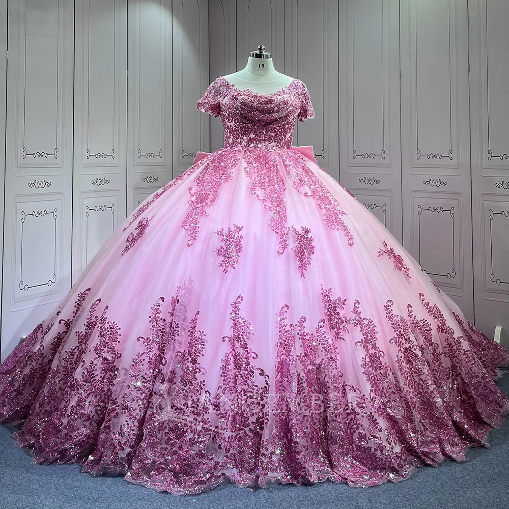 

Customized Glitter Pink Crystal Beading Ball Gown Quinceanera Dresses Short Sleeves Sequined vestidos de 15 quinceañeras