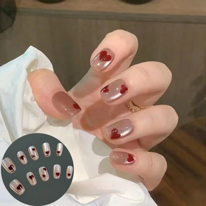 

10Pcs Short Acrylic Nail Press on Cat Eye Fake Nail Set Love Design Glitter Reusable False Nail Stick on For Girls Valentine Day