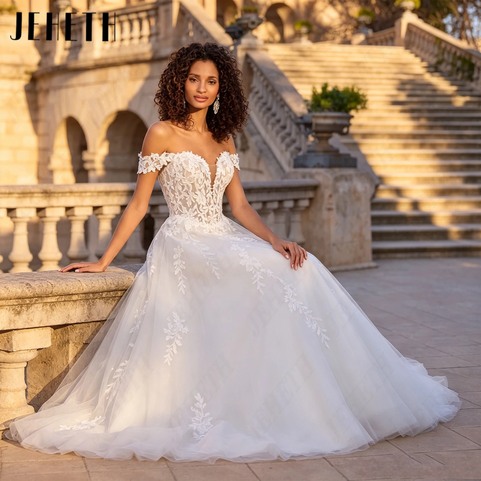JEHETH Illusion Off‑the‑Shoulder A‑Line Wedding Dress Tulle High Slit Modern Bride Dresses Court Train Personalized Bridal Gown