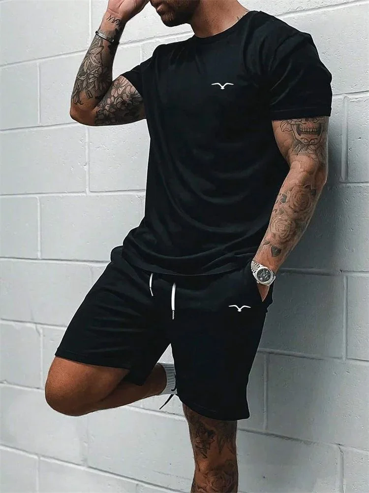 New Summer Patchwork Pattern Short Sleeved Top for Men, Round Neck Short Sleeved Shorts with Drawstring, Sports Suit, Outdoor Br