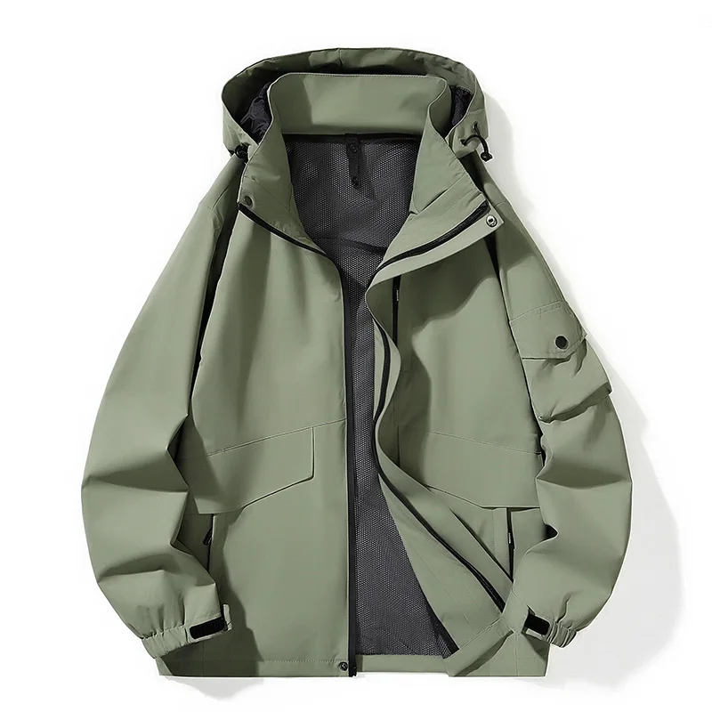 

Spring Autumn Hiking Jacket Men/Women Outdoor Waterproof Windproof Removable Hooded Windbreaker Coat Sports Zipper Outwear Green