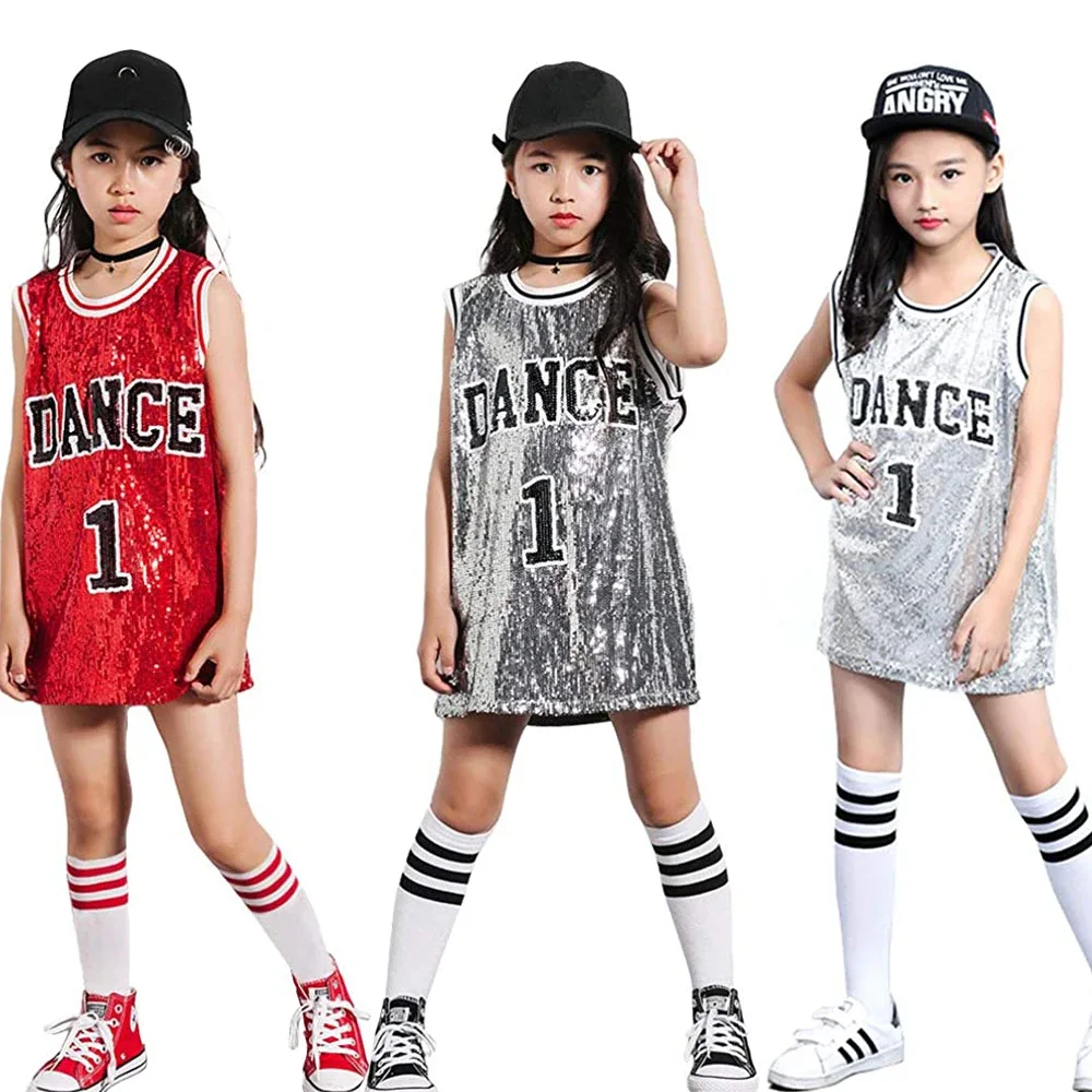 

Girls Hip Hop Sequins Dance Costume Glitter Tank Top with Socks Stage Performance Outfits 5-12 Years