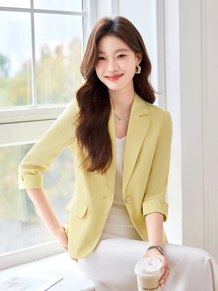

Women's Casual Faion Slim Fit Pure Color Seven-Quarter Sve Suit Jaet Spring Summer New Sle Korean Version Commute Sle