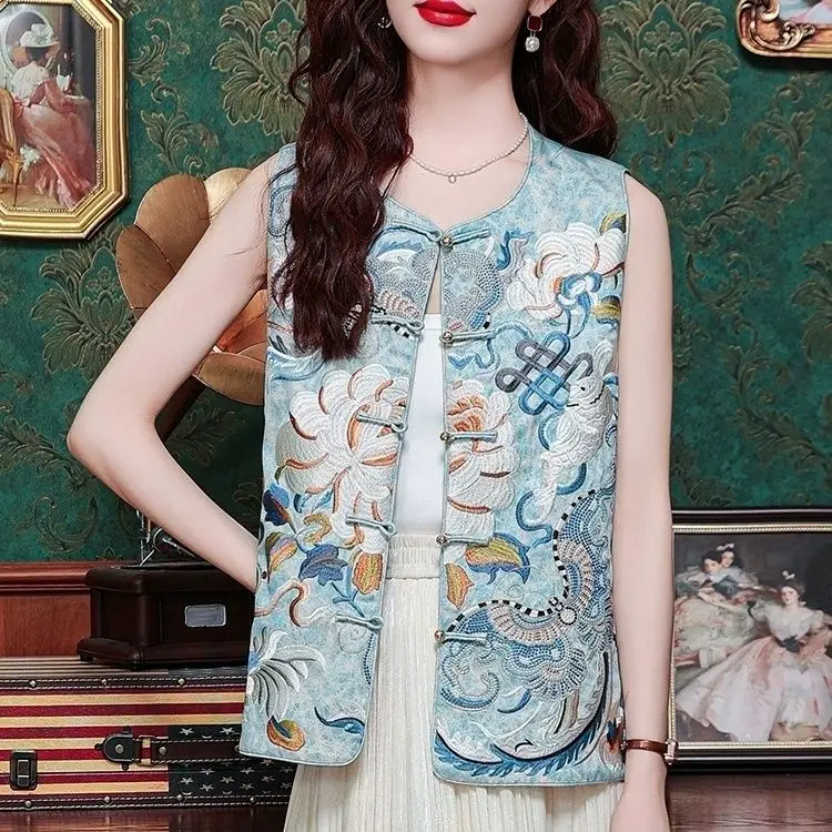 Summer new new Chinese style thin sun vest round neck  embroidery disc buckle sleeveless vest jackets roupas femininas