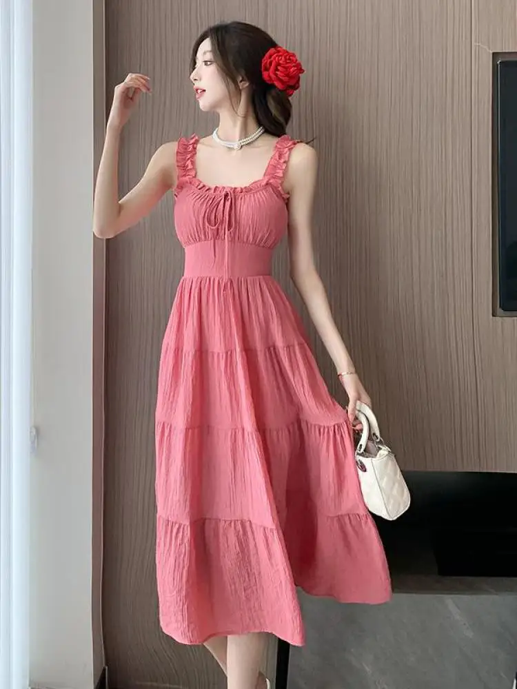 

French Women's Sweet Pink Sexy Club Slip Long Dress Summer High Waist Slim Backless Bow Bandage Birthday Party Dress Popular New