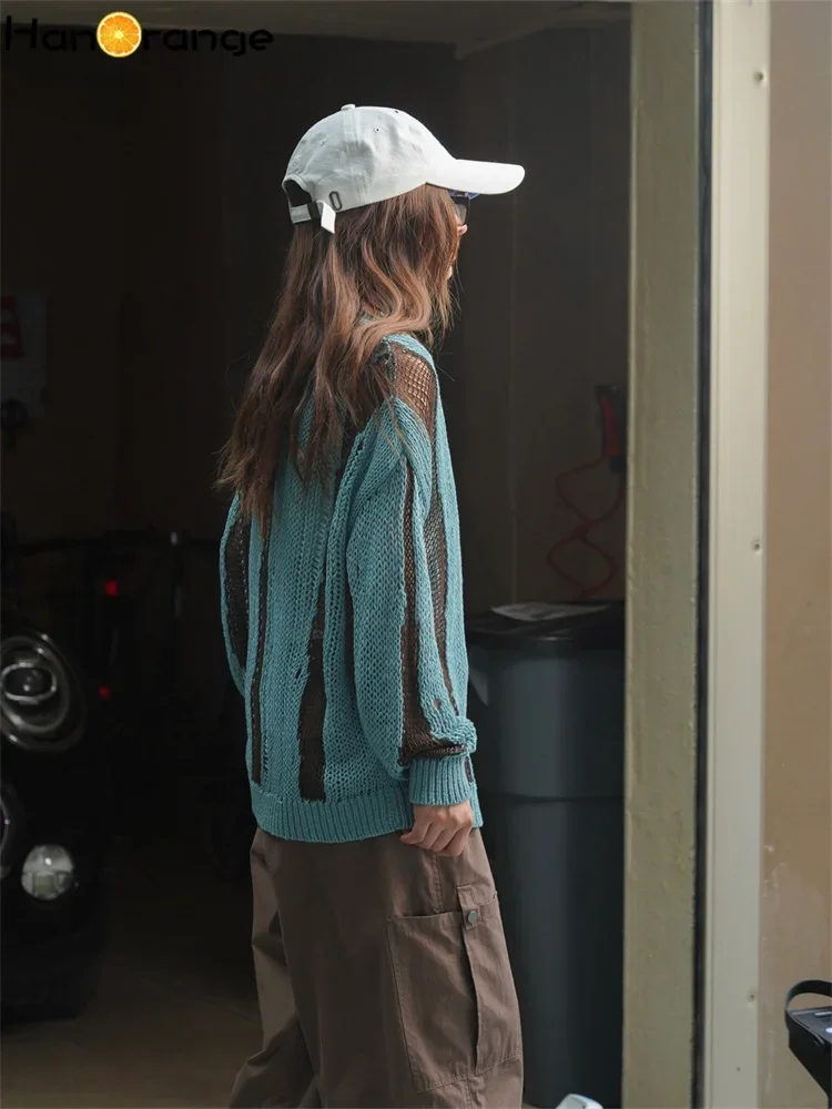 HanOrange 2024 Spring Slouchy Hollow Patchwork Sweater Loose Lightweight Fluffy Knitted Top Female Blue Coffee/khaki White