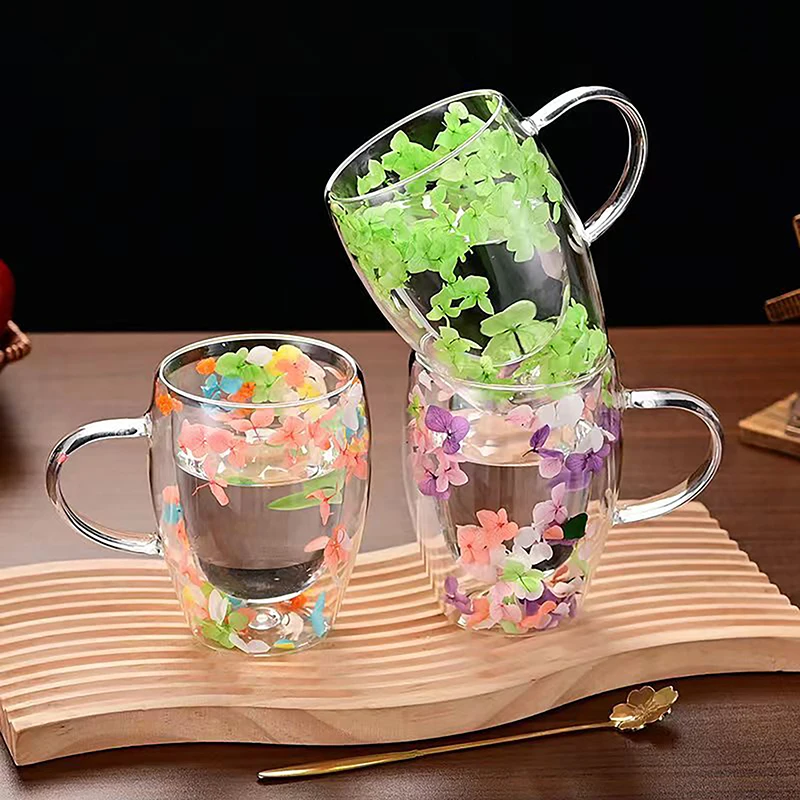 1PC INS Trends High Borosilicate Glass Tea Coffee Cup Floral Dry Flowers Cup Simple Heat Resistant Double Wall Glass Cup