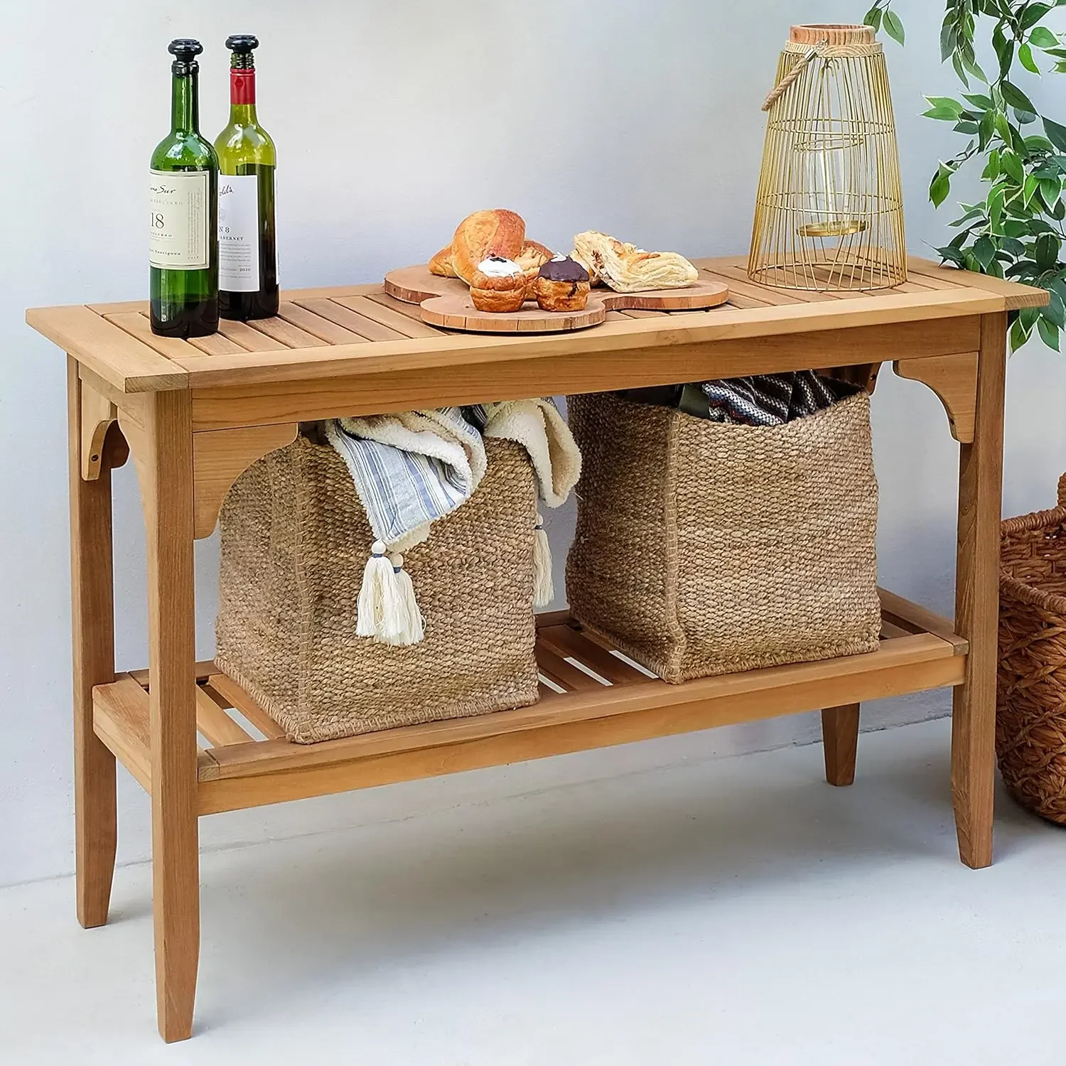 47in Wood Console Table with 2 Shelves, Indoor Outdoor Multifunctional Buffet Bar Storage Organizer, Teak Auburn/Natural