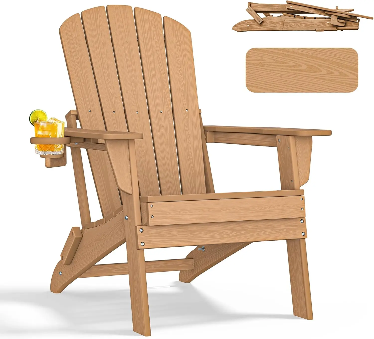 

Folding Adirondack Chair with Ergonomic Backrest and Cup Holder - Durable HDPE Plastic, Weather Resistant, Supports 380lbs