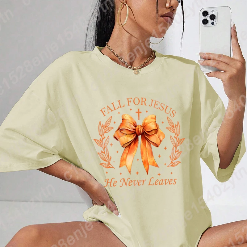 Bow Fall For Jesus He Never Leaves Print T-shirt Short Sleeve T Shirt Round Neck Tees Summer Women Oversized Tops