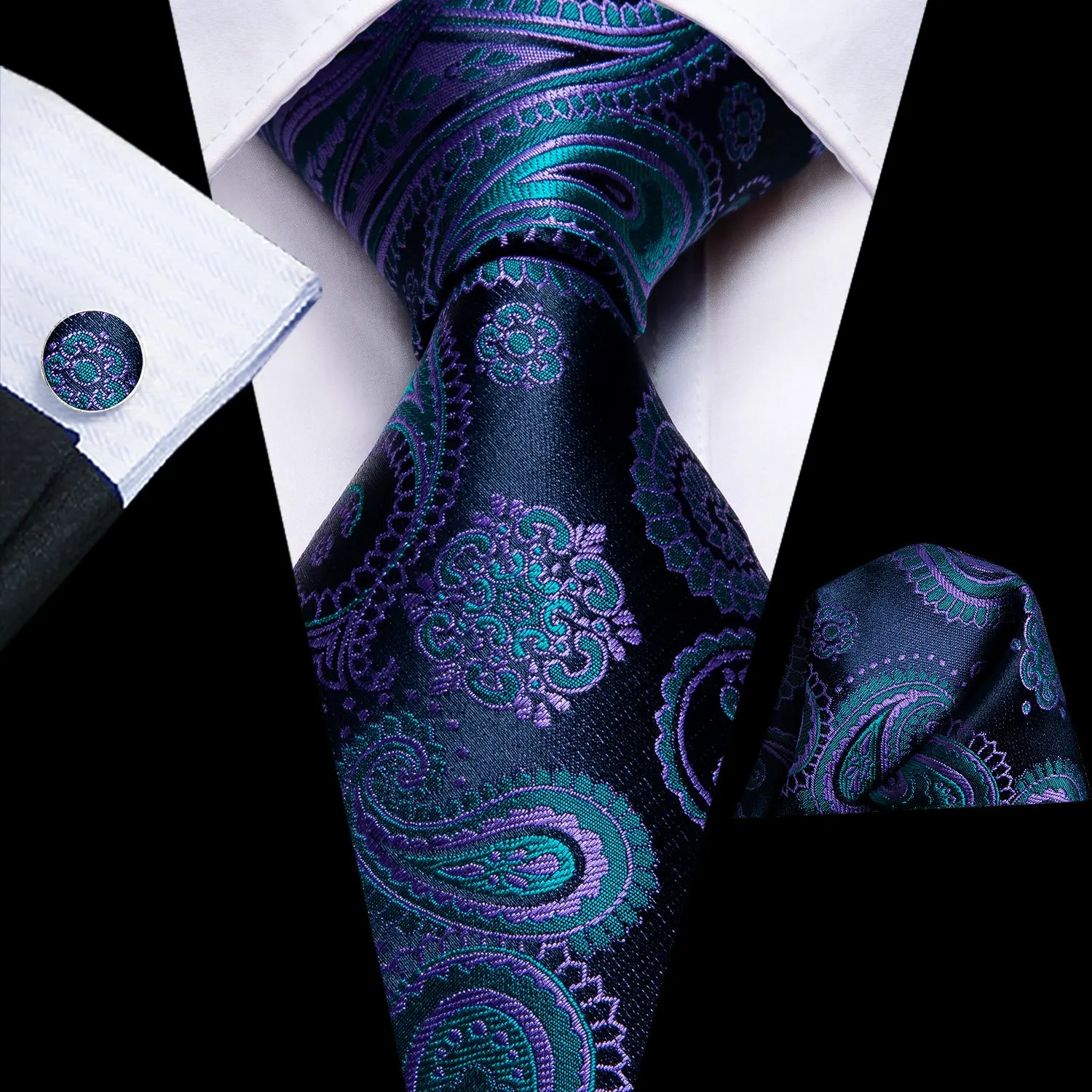 Hi-Tie White Striped 63inch Men Extra Long Ties for Men Woven Classic 160cm Mens Necktie Pocket Square Set Cufflinks