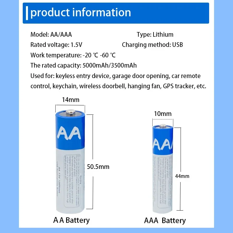 4PCS  AA+AAA 1.5V USB Rechargeable Battery AAA 3500mah/AA 5000mah Li-ion Batteries for Camera Toy Car MP3 Player+TYPE-C Cable