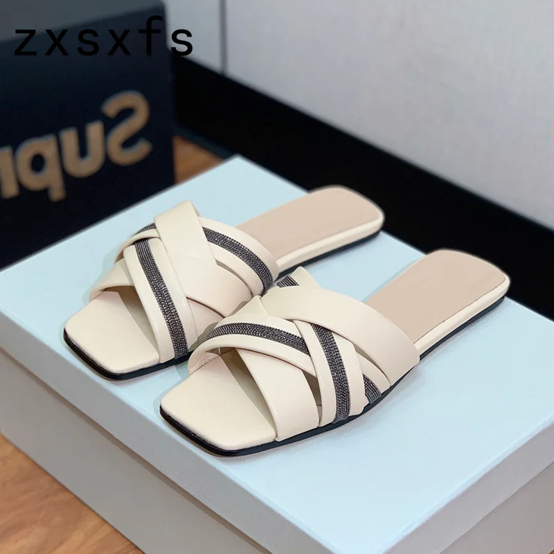 

Summer Real Leather Slides Square Toe Flat Slippers Women Slip On Open Toe Mules Brand Casual Party Shoes Women Sandalias Mujer