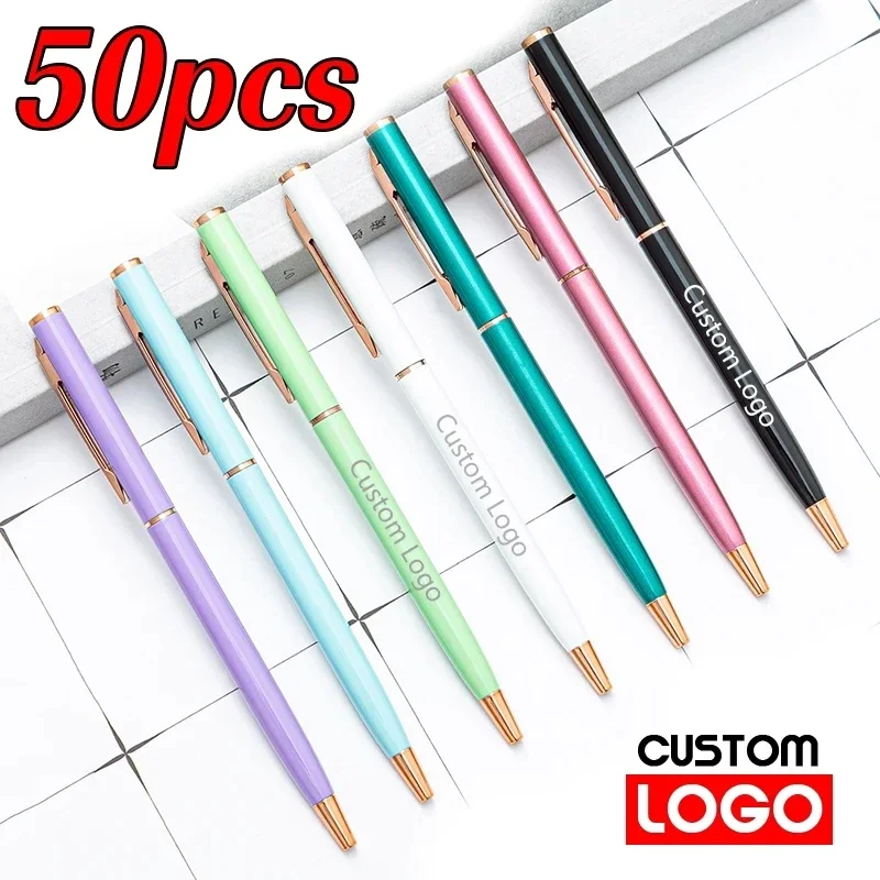 

50 Pcs Metal Ballpoint Pen Rose Gold Pen Custom Logo Stationery Business Gift Lettering Engraved Name School&office Supplies