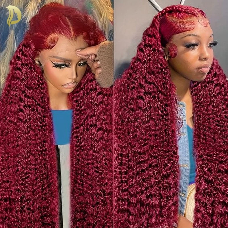 99J Burgundy 13X6 Hd Lace Frontal Human Hair Wig Curly wigs Colored 13X6 Hd Lace Frontal Wig 13X4 Deep Wave Water Wig Red Wig