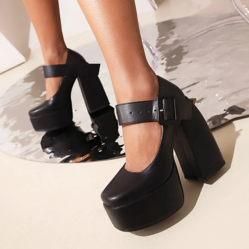 spring and autumn New styles fashion Round head Ultrahigh heel Women\'s Shoes orange Shallow mouth Buckle Square heel Women Shoes