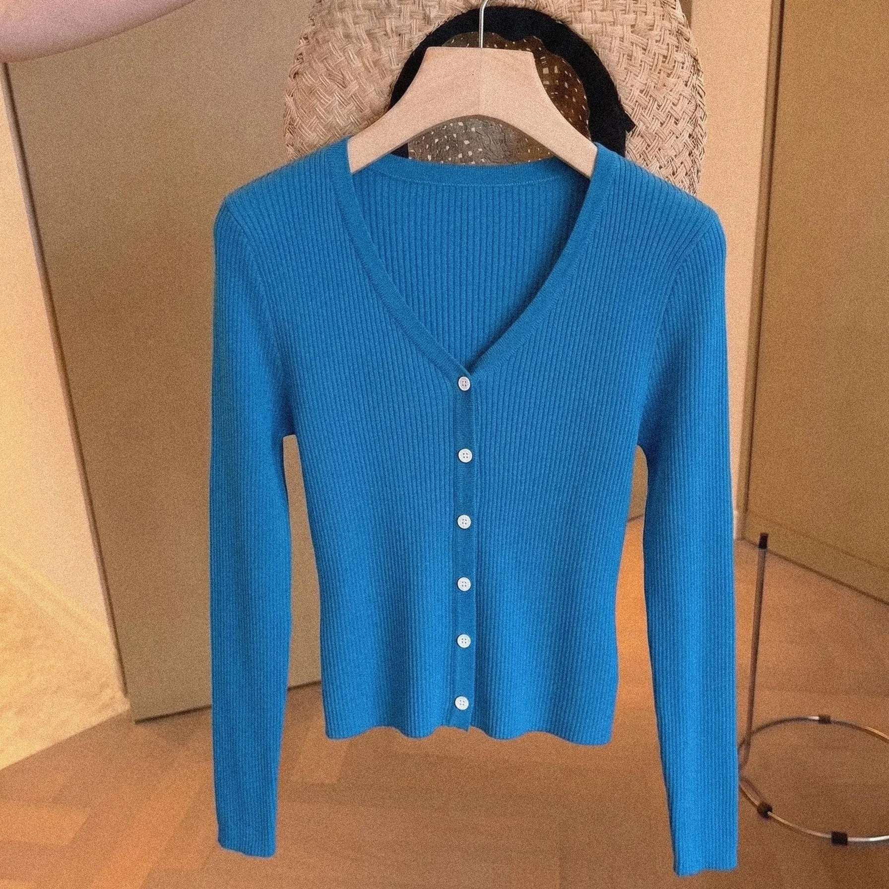 Women High End Fake Two‑Piece Lake Blue U‑Neck Lace Trim Long Sleeve Knit Cardigan Elegant Casual Slim Fit Outerwear Top