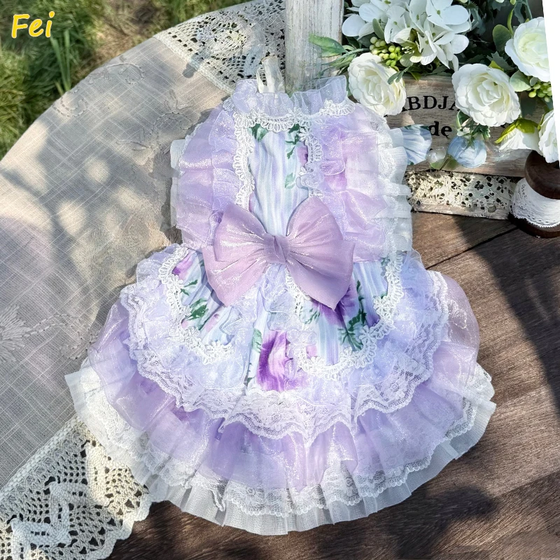 

Romantic Lace Cotton Dog Dress for XSmall-Large Dogs | Purple Princess Gown w/Detachable Bow | Puppy Photoshoot & Wedding Outfit