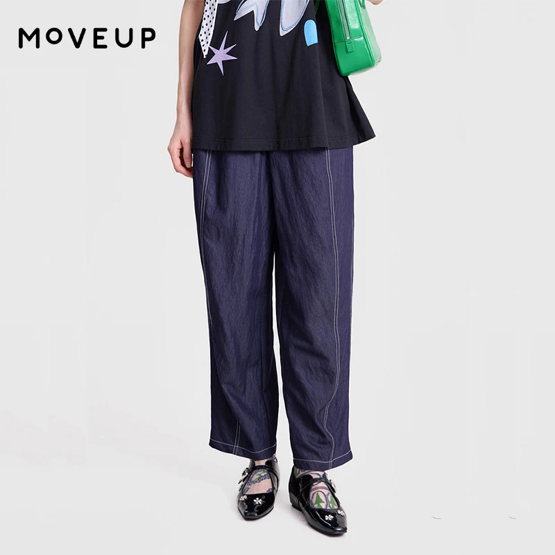 MOVEUP Straight Trousers for Women 2026 Autumn New Elastic Waist Contrast Stitching Design Loose Casual Cropped Pants 3ELC20120