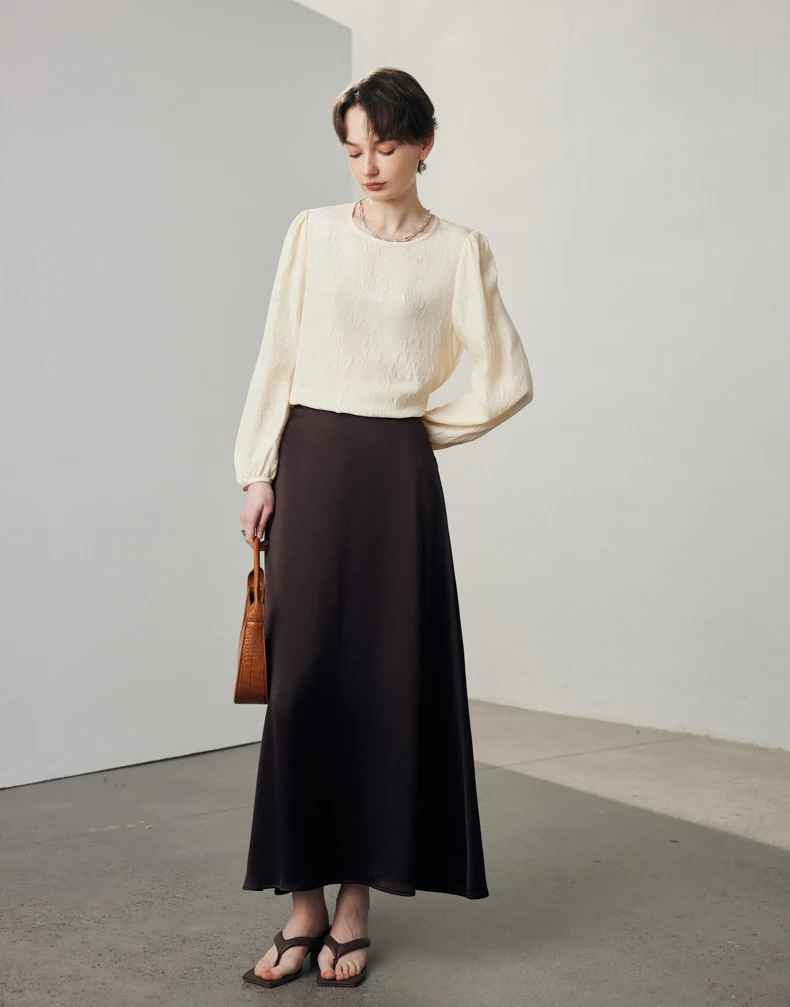 Women's Silk Dress O Neck Long Sleeves Dobby Elegant Fashion Pullover  Blouse Tops