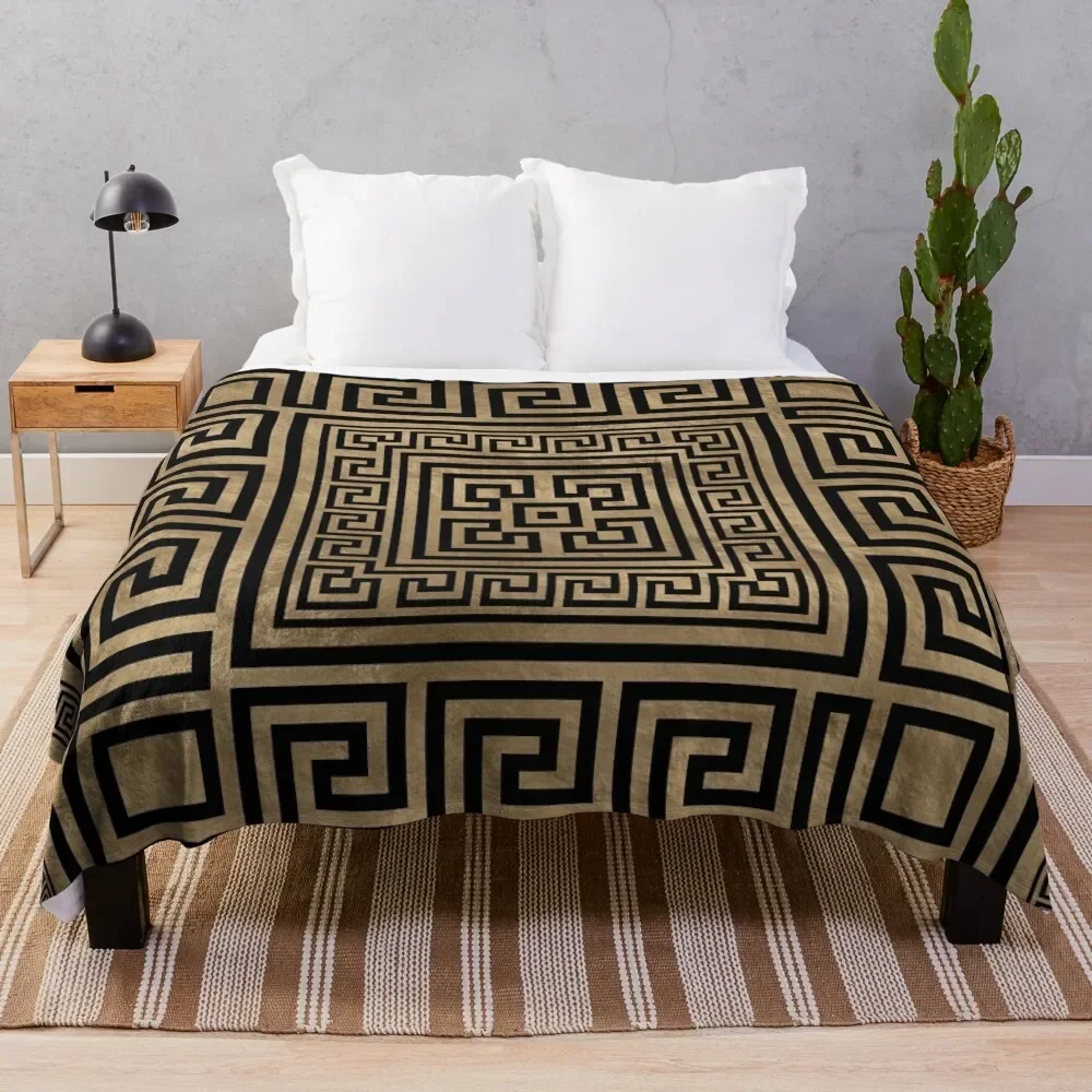 

Greek Key Ornament - Greek Meander -Black on gold Throw Blanket Shaggy Blankets For Bed Bed Fashionable Moving Blankets