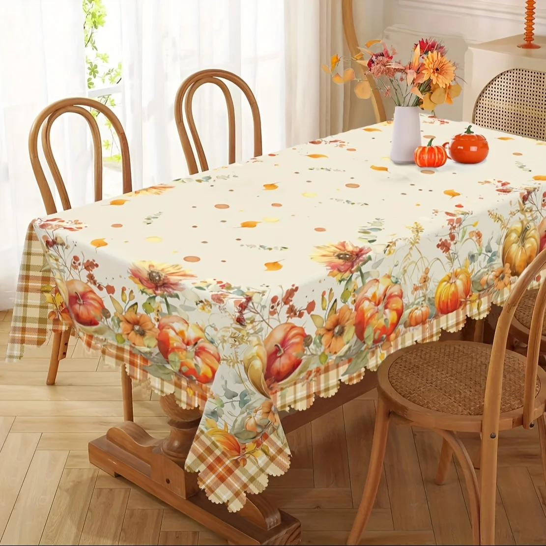 1 piece - Autumn tablecloth - Buffalo check pumpkin and flower watercolor autumn table decorationzyc