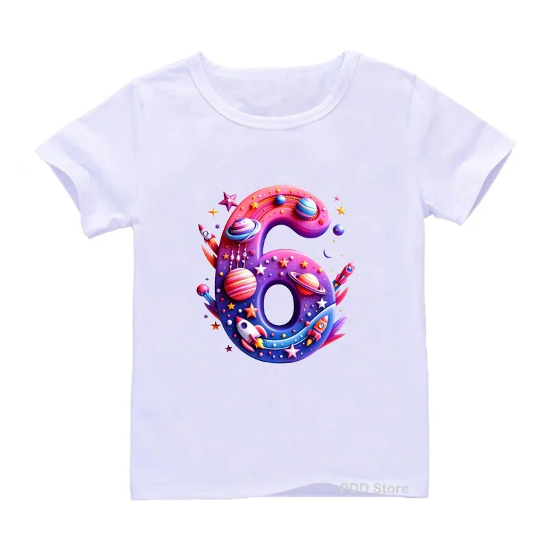 Colorful Planet Number 1-9 Printed Children's T-shirt Kids Outer Space Rocket Birthday Party Clothing Boys/Girls Creative Gifts
