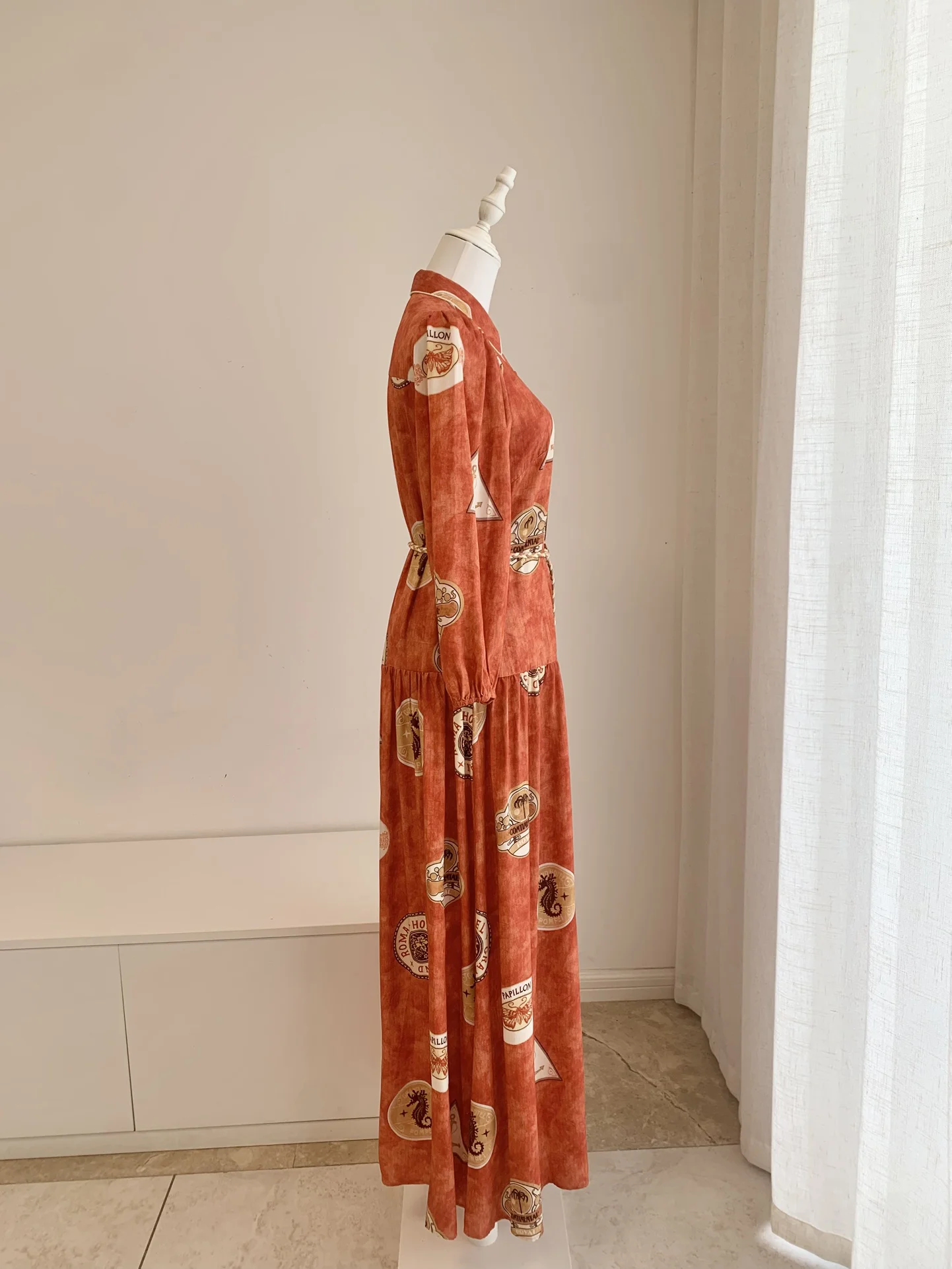 Women Retro Printed Shirt Robe Autumn Turn-down Collar Long Sleeve Single Breasted Casual Loose Maxi Dress