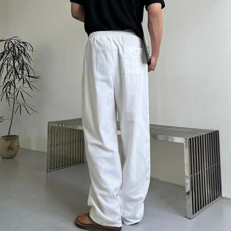 White Straight-Leg Casual Pants for Men, Summer Thin Loose Versatile Elastic Waist Wide-Leg Long Pants with a Draping Effect, Floor-Length Pants