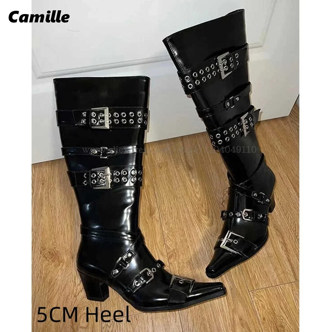 

Black Belt Buckle Strap Chunky Heel Biker Boots Retro All-Match Size 35-40 Casual Knee High Boots Autumn New 5CM Heel Lady Boots