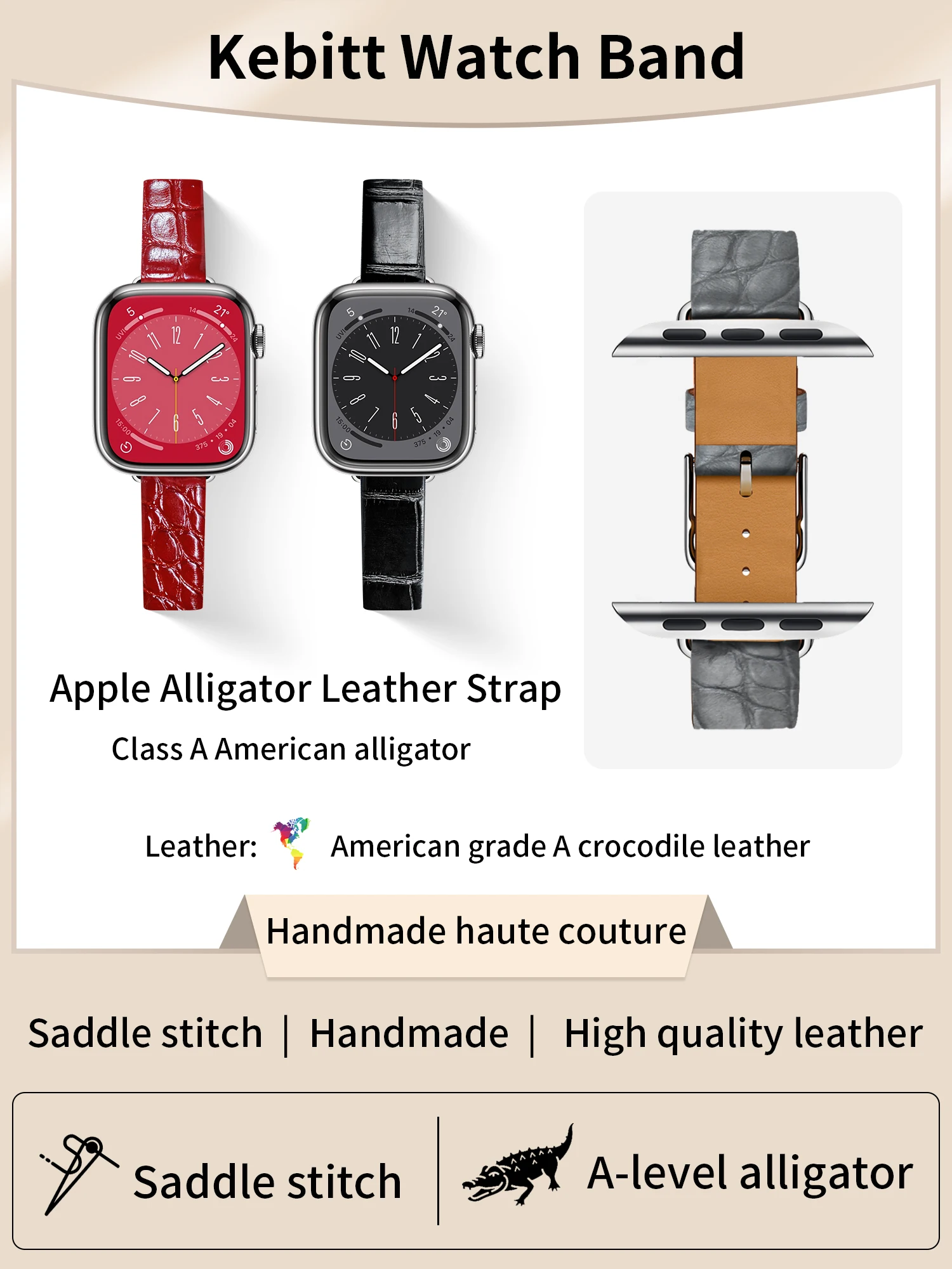 Kebitt Alligator Women Band For Apple Watch Ultra2 Series10 9 8 7 6 SE 5 iWatch Crocodile Ckin Strap 41MM 40mm 45MM 46MM 49mm