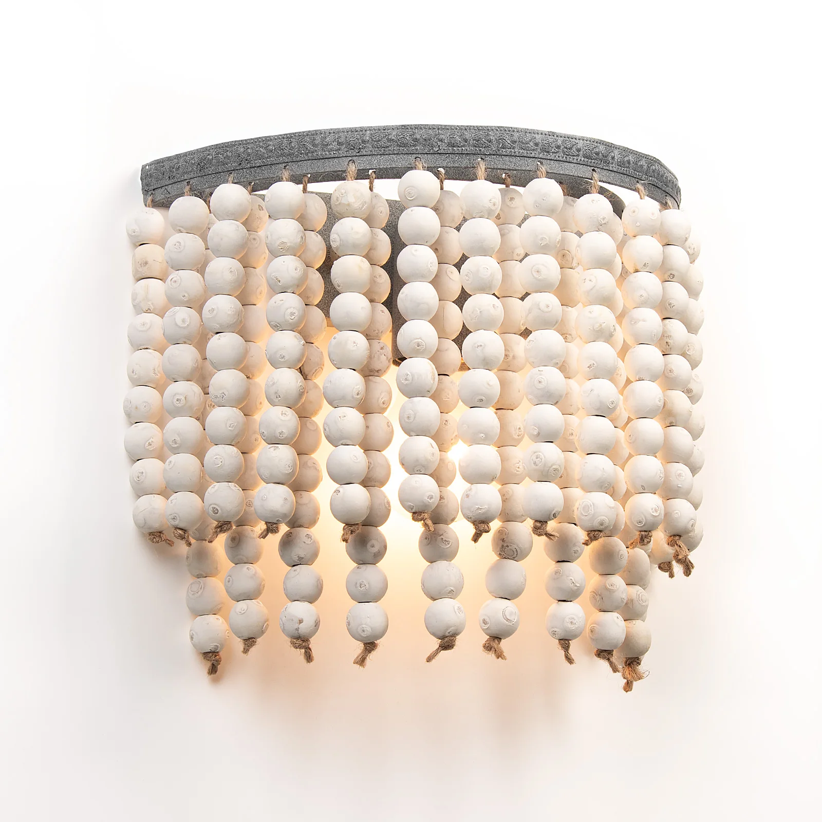 Vintage Wooden Bead Wall Light In White Bohemian Style, Rustic Boho Lamp With Farmhouse Lighting