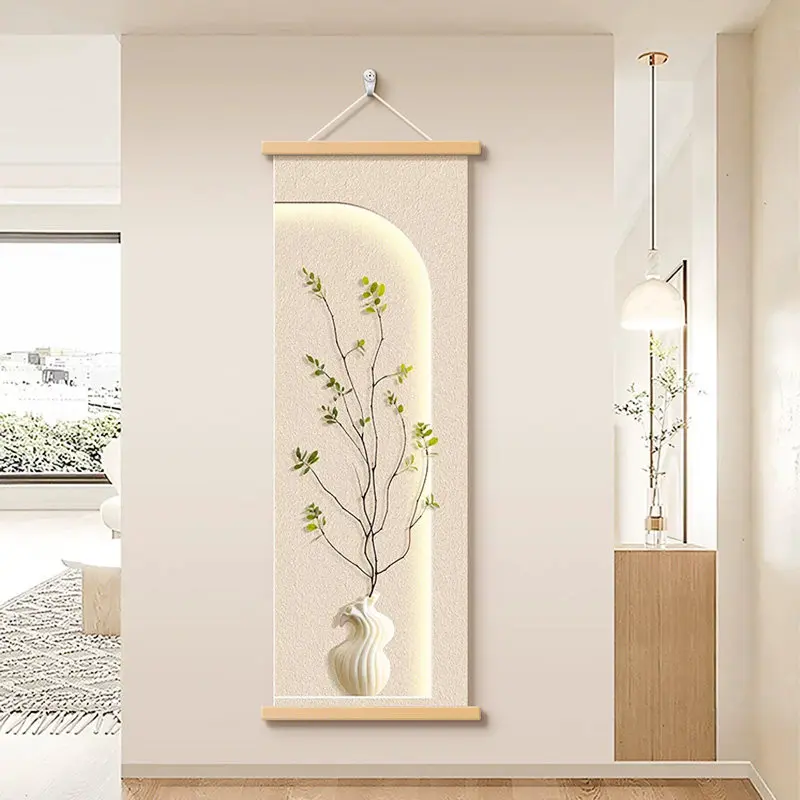 Wall Art Soft Green Botanical Arch Pearlescent Canvas Hanging Scroll with Wooden Rods for Cream Style Entryway and Hallway