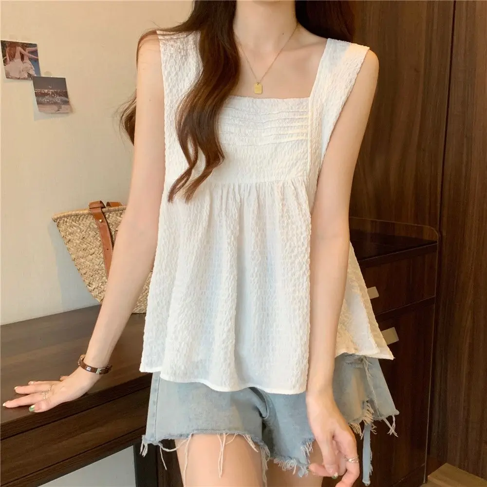 Large Size Wide Edge Sleeveless Halter Vest Women Summer Lean Pleated Ruffled Bottom Tank Top