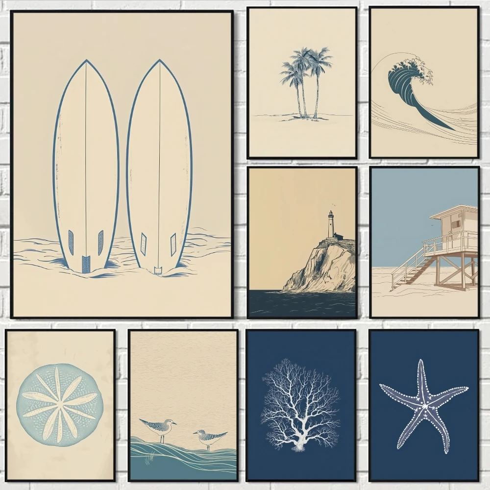 Vintage Beach Sea and Surf Painting Calligraphy Eco-Friendly Cotton Canvas Poster  Waterproof Wall Art for Home Decor Gift