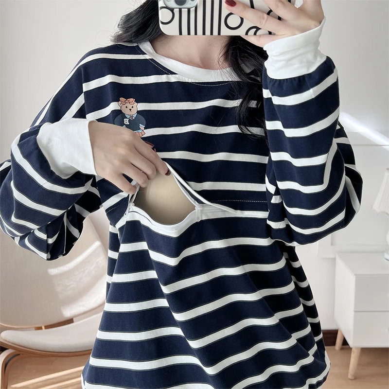 

Maternity Striped Loose Sweatshirt Pullover Breastfeeding Clothes Autumn Cotton Jacket Tops for Nursing Mothers Sweatshirt New