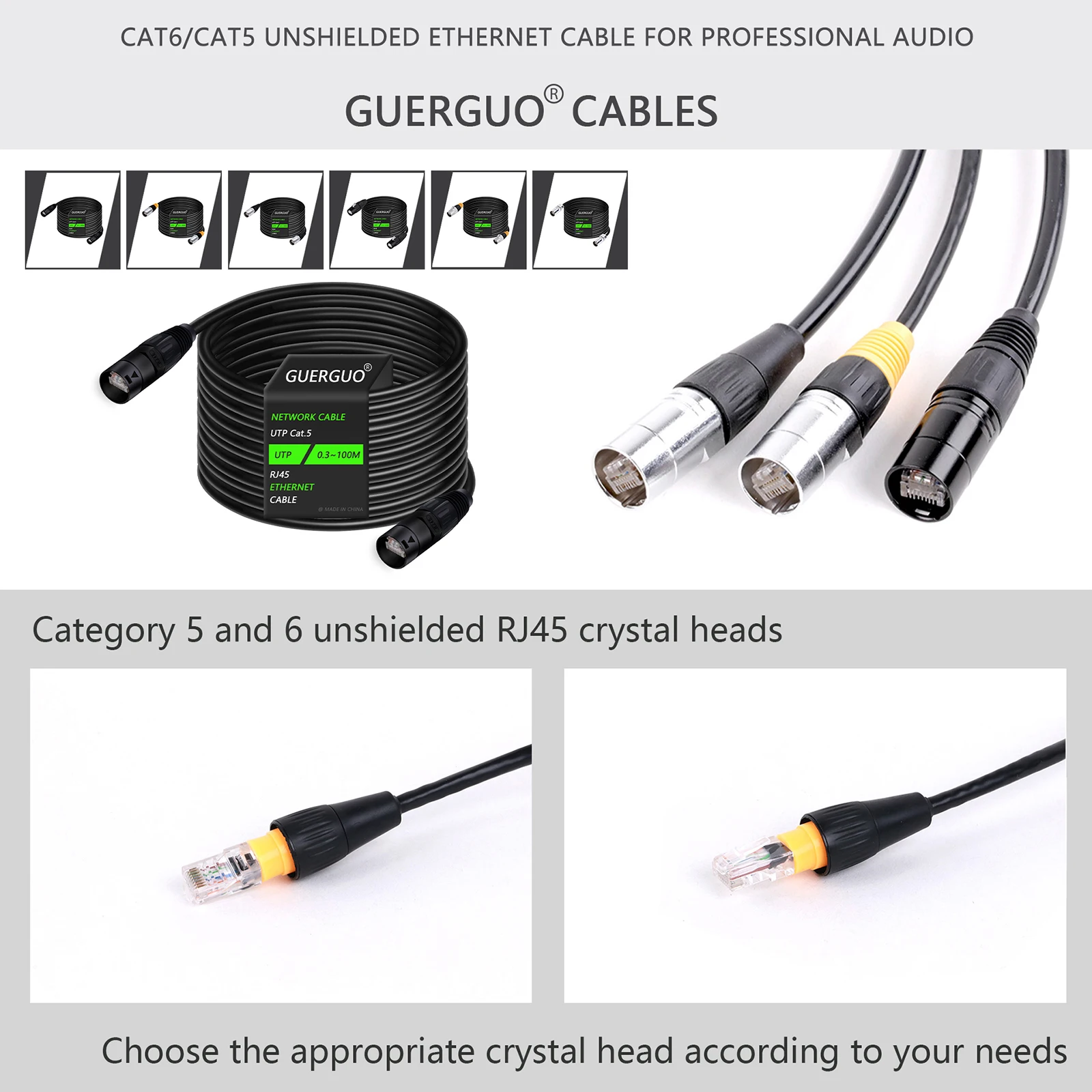 0.3M-100M Cat5/Cat6 UTP Stage Ethernet Extension Cableกันน้ํากลางแจ้งและในร่มสายเครือข่ายLAN-สังกะสีโลหะผสมRJ45 Connector